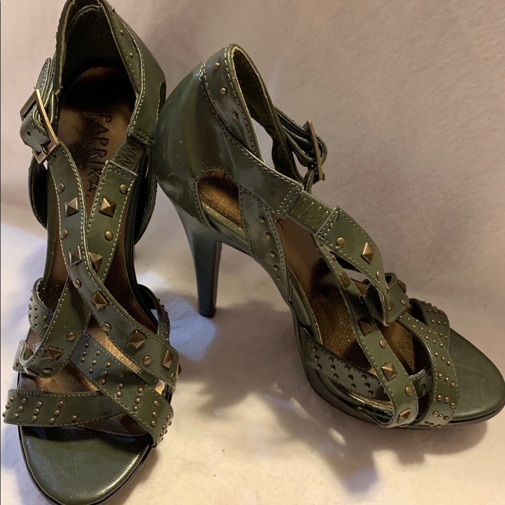 Green Gold Studded High Heel Shoes